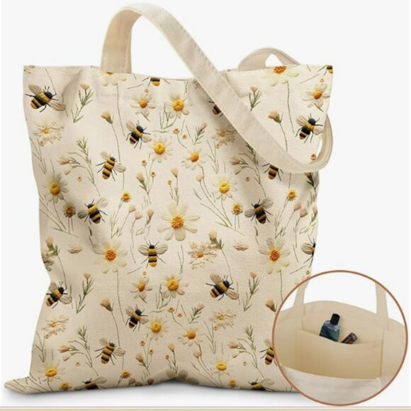 Handbags - Floral Bumble Bee Canvas Tote Bag with Pockets - Aesthetic Reusable Totes